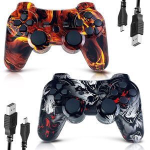2 Pack Controller for PS3 Wireless Double Vibration Motion Control Flame&Wolf